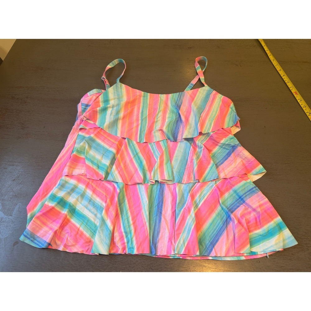 Beach House Womens Size 14 Striped Ruffle Tankini Top Multi Color Swimwear